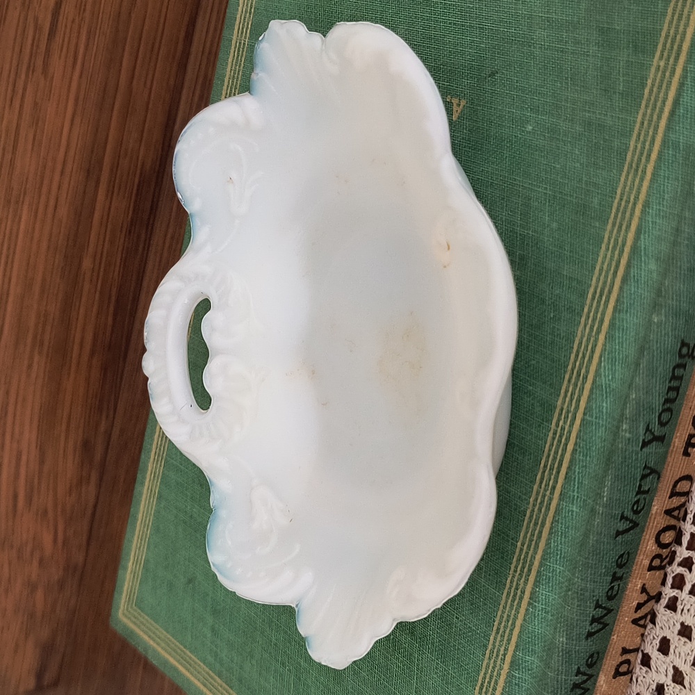 Milk Glass Ornate Ring Dish